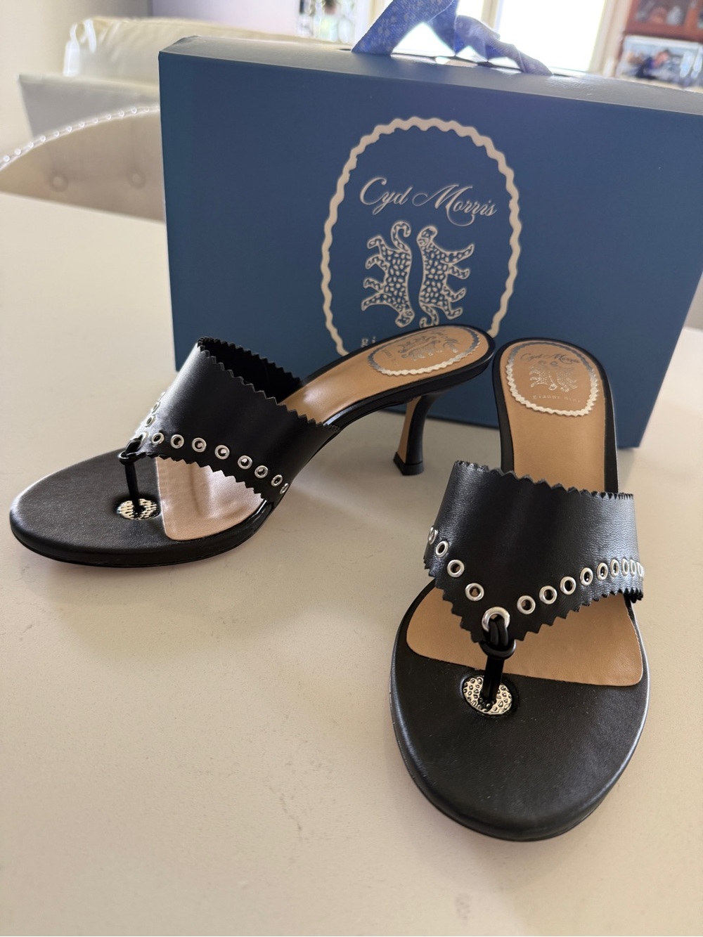 Gianni Bini Black Leather Slide Sandals with Silver Eyelet Rings